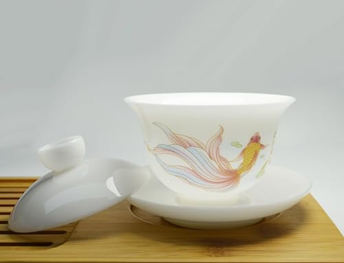 Liang baobao Ice Jade White Porcelain Gaiwan,5oz Teacup Suet-fat Jade Porcelain Chinese Tea Cup Set for Gongfu Tea (fish) fish