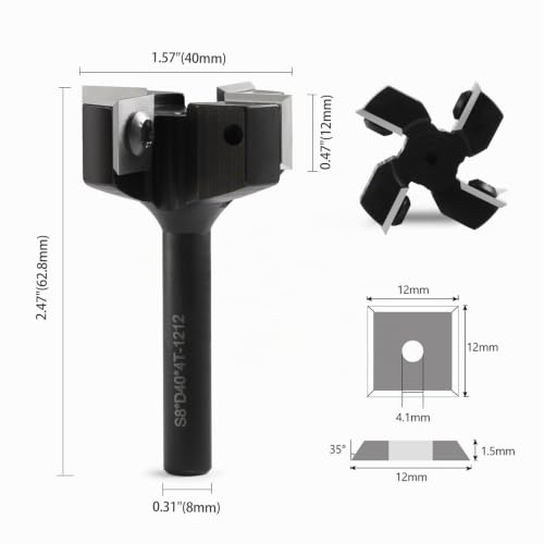 Face Cutter 8 mm Shank 4 Flutes with 10 Interchangeable Carbide Blades (12 x 12 x 1.5 mm), Diameter 40 mm, CNC Plate Cutter Cleaning Cutter for Router Woodworking (D=40 S=8) S=8,D=40