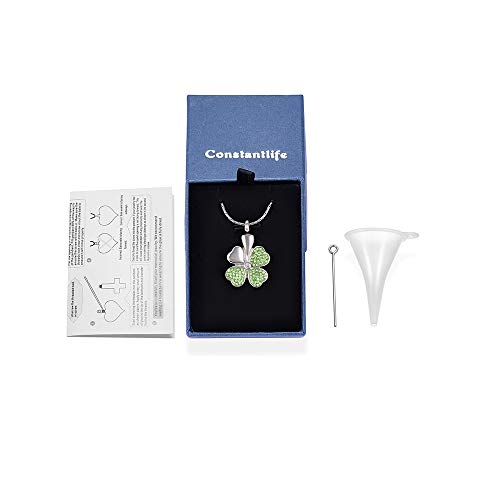constantlife Cremation Jewelry Memorial Urn Necklace for Ashes Lucky Four-Leaf Clover Design Stainless Steel Pendant Keepsake Green,Silver