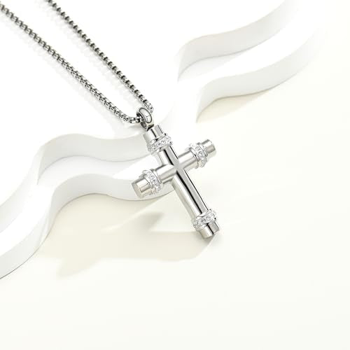Cross Urn Necklaces for Ashes for Women Men Crystal Cross Cremation Jewelry Memorial Locket Pendant Necklace Keepsake Cross Urn Pendant for Ashes Holder Jewellery Silver