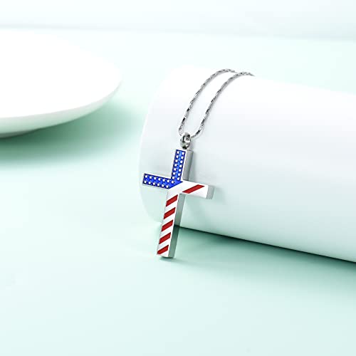 Yinplsmemory Cross Urn Necklace for Ashes for Women Men American Flag Cremation Jewelry Religious Cross Urn Keepsake Memorial Jewelry Silver b