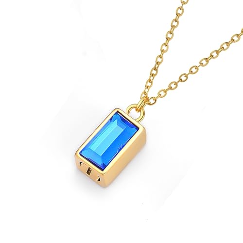 Mini Cube Urn Necklaces Cremation Jewelry for Ashes for Women Men Cremate Urn Locket for Human Ashes Holder Memorial Jewelry with Crystal Front Gold Blue