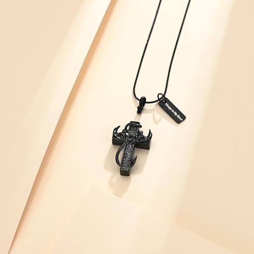 Cross Cremation Jewelry Urn Necklace for Human Ashes for Women Men Fish Hook Antler Deer Memorial Ashes Keepsake Pendant Black