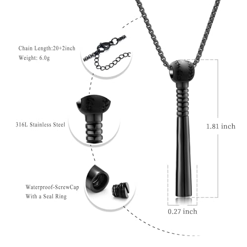 Oinsi Urn Necklace for Ashes Sport Keepsake Jewelry for Women Men Baseball Bat Cremation Urn Necklace Memorial Pendant with Filling Kits Black