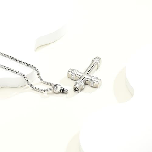 Cross Urn Necklaces for Ashes for Women Men Crystal Cross Cremation Jewelry Memorial Locket Pendant Necklace Keepsake Cross Urn Pendant for Ashes Holder Jewellery Silver