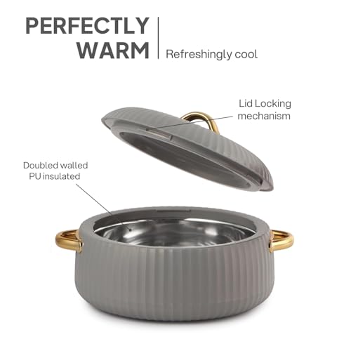 Insulated Stainless Steel Casserole with Airtight Lid, Hot Pot Food Warmer for Roti, Chapati, Rice, Biryani & Curry, Double Wall Thermal Serving Bowl Keeps Food Hot & Fresh for Hours(1250) ml Grey