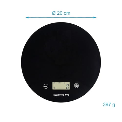 Intirilife Kitchen Scale, Digital Round Food Scale with LCD Display, in Black, made of Glass and ABS Plastic - Max. 5 Kg - 20 x 1.6 cm - Electronic Household Appliance, Batteries Included