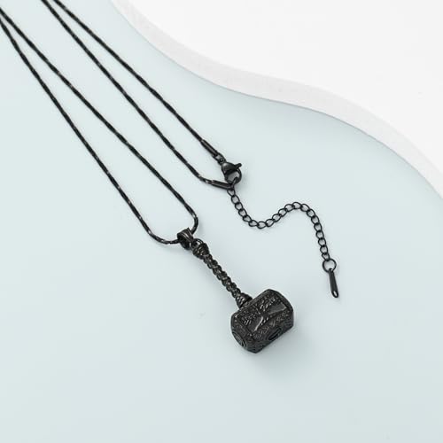 Imrsanl Viking Thor's Hammer Urn Necklace for Ashes Tree of Life Cremation Jewelry Ashes Holder Keepsake Human Memorial Pendant for Women Men Black