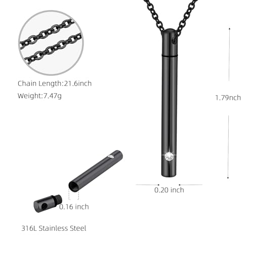 Urn Necklace for Ashes Stainless Steel Cylinder Cremation Jewelry for Women with Mini Keepsake Urn Memorial Ash Jewelry Black
