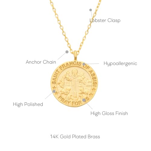 MUSTHAVE ST. Francis Coin 18K Gold Plated Necklace With Message Card, Yellow and White Color, Anchor Chain, Best Gift Necklace, Size 16 inch + 2 inch Extender, Pendant Yellow Gold