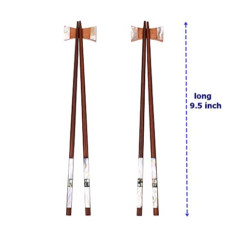 Chopsticks Rose Wood 2 Pairs with Silk Black Box, Chopstick Mother of Pearl Inlay Décor Handmade Restaurant Food Tableware Home Gift Natural Length 9.5 Inch