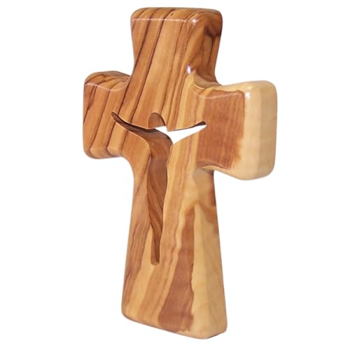 Wooden Pocket Cross - Bethlehem Olive Wood - 3-in-1 Design: Standing, Hanging, or Holding - Hand-Carved Jesus Silhouette - Includes Velvet Pouch, Prayer Card, & Certificate (4.2 Inches) Jesus - Savior