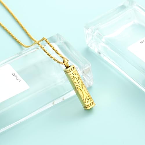 Tree of Life Urn Necklace, Stainless Steel Memorial Ashes Pendant Gold
