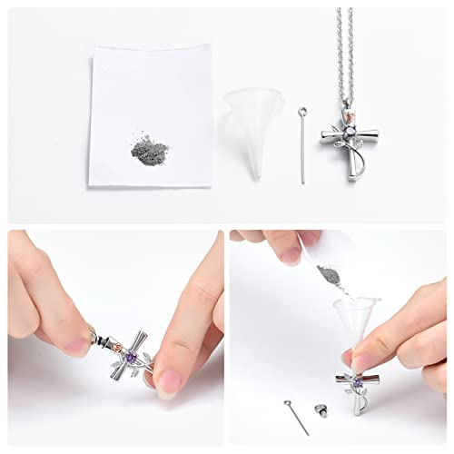 shajwo Cross Urn Necklace for Ashes Birthstone Rose Flower Cremation Jewelry for Women Gilrs Keepsake Memorial Ashes Pendant Purple