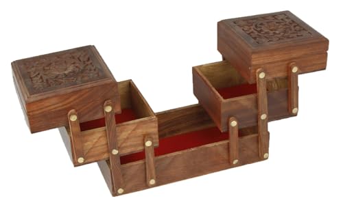 Sheesham Wood Jewelry Box Organizer, Handmade Wooden Jewelry Storage Chest with Multiple Drawers, Jewelry Holder for Rings, Earrings, Bracelets and Accessories Sliding – Hand Carved