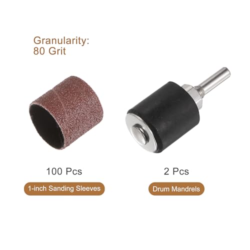 uxcell 1-inch 80 grit sanding sleeves with drum mandrels for rotary tools, 100-piece set