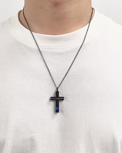 Cross Urn Necklace for Ashes Birthstone Cremation Jewelry Keepsake Pendant for Women Men with Funnel Filler Kit Memorial Gifts for Human Pet Forever in my heart Black Blue
