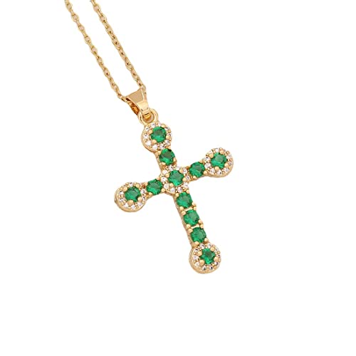 Emerald Green CZ Gold Cross Necklace Women Luxury Prayer Pendant God Jesus Love Dangle Sparkle Family Friends Mother Day Anniversary Birthday