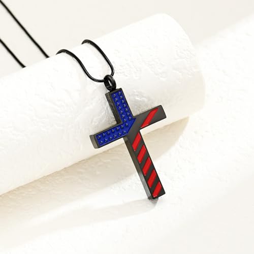 American Flag Cross Urn Necklace for Ashes for Men Women Cremation Jewelry Religious Cross Ashes Keepsake Memorial Jewelry of Loved One B