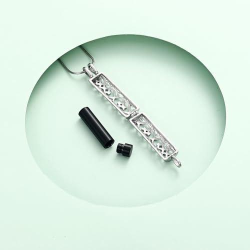 Hollow Cylinder Urn Necklace for Ashes for Women Men Cremation Jewelry Keepsake Memorial Pendant for Human Pet Ash Holder Silver+Black
