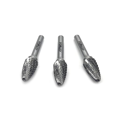 FOMASP SF-5 tungsten carbide rotary burr double cut, 1/2-inch head, 1-inch cutting length, 1/4-inch shank, 3-pack