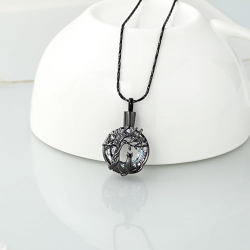 Tree of Life Urn Necklace, Cat Cremation Jewelry for Women Men black&purple