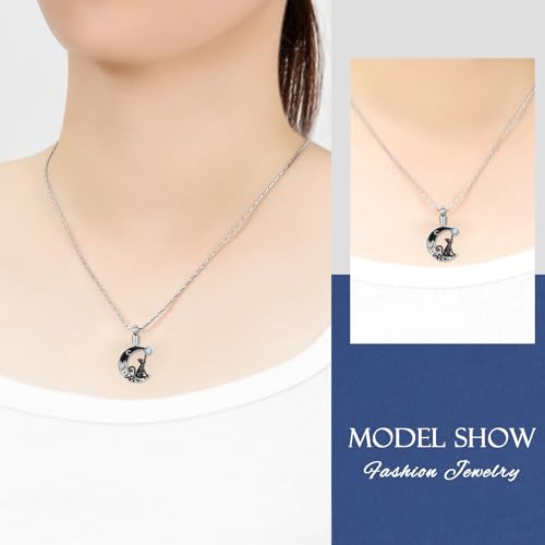 constantlife Cat Moon Urn Necklace for Women Pet Cremation Jewelry for Ashes Stainless Steel Pendant Funeral Keepsake Loved Ones Memorial Gift Black