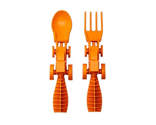 Constructive Eating - Toddler Utensils Made in USA, Dishwasher Safe, BPA Free, Easy Grip Handle, Silverware for Toddlers, Utensils for Kids, Toddler Fork and Spoon Orange and Green Tractor (2 Pack) 2 Pack