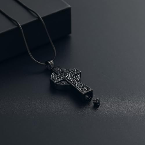 Cross Urn Necklace for Ashes for Men Celtic Knot Cremation Jewelry Keepsake Necklace Tree fo Life Memorial Pendant for Ashe Holder Black