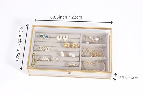 Feyarl Gold Glass Jewelry Trinket Box Ring Earring Display Holder Box Bracelet Brooch Organizer Decorative Photo Cards Collection Keepsake Case Insert Velvet Tray for Home Deco Dresser Table