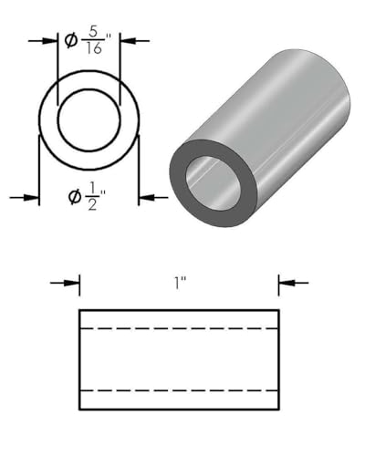 Black aluminum round spacer, 1/2-inch OD x 5/16-inch ID x 1-inch length, unthreaded standoff bushing, 10 pack