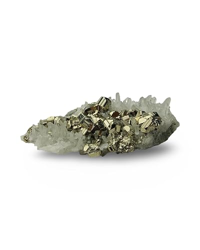 Natural Pyrite Crystals with Clear Quartz Crystal from Peru - Authentic Specimen Formed by Clusters & Druses of White Quartz and Pyrite Stone | for Collection, Decoration or Gifting (3 to 4 Ounce) 3 to 4 Ounce