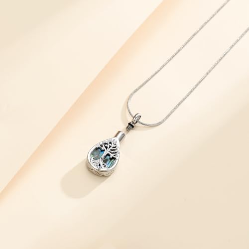 Cremation Jewelry Tree of Life Teardrop Urn Necklace for Human Ashes for Women Men Abalone Shell Memorial Ashes Keepsake Pendant Silver
