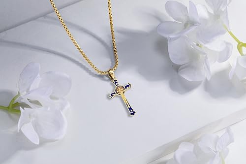 St Benedict Medals Necklace Patron Saint Medalla De San Benito 925 Sterling Silver San Benito Medalla Cross Pendant Religious Amulet Jewelry for Men Women St Benedict Crucifix Blue