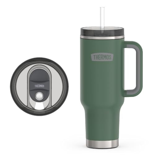 THERMOS Stainless Steel Cup Holder Mug - 40 Ounce, Alpine Green - Insulated Tumbler with Lid and Straw, Plus Leak-Resistant Slide Lock Tritan Straw 40 Ounces