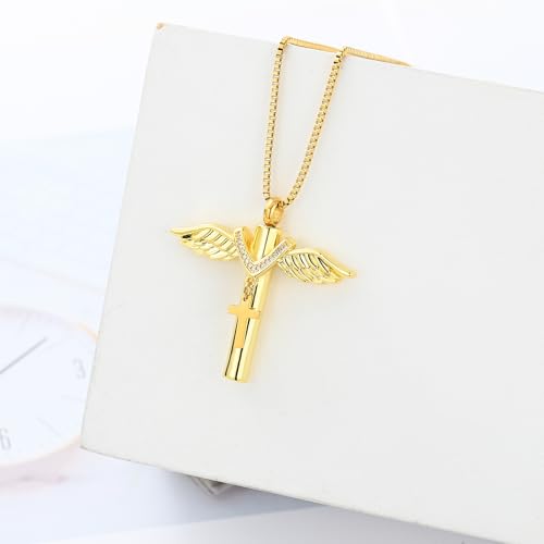 XSMZB Wings Cylinder Cremation Jewelry for Ashes Pendant Cross Urn Necklace for Ashes for Men Women Keepsake Locket Jewelry Gold