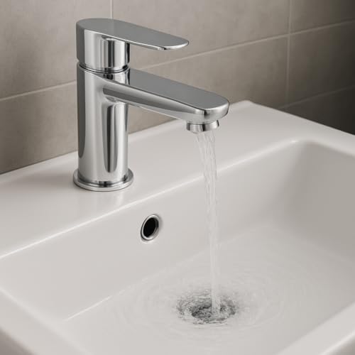 Basin Mixer Tap – Chrome Finish Single Lever Bathroom Sink Mixer | Deck Mounted, Hot & Cold Water | Modern Compact Tap with Flexible Connectors (Flat) Flat