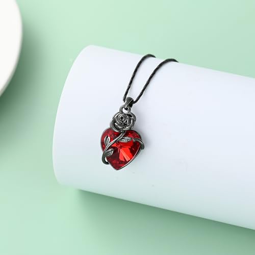 Yinplsmemory Rose Flower Cremation Jewelry Urn Necklace for Ashes for Women Crystal Heart Urn Locket Pendant Ashes Jewelry Black-red