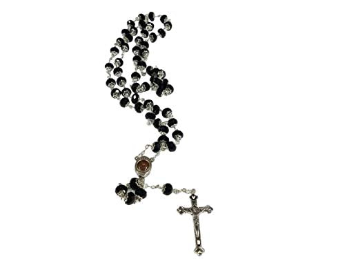 Glass Crystal Beads Rosary with Holy Soil Silver Crucifix (Pink, Red, Green, Purple, Light Blue, Dark Blue, Black, Clear, Blue) (Black)