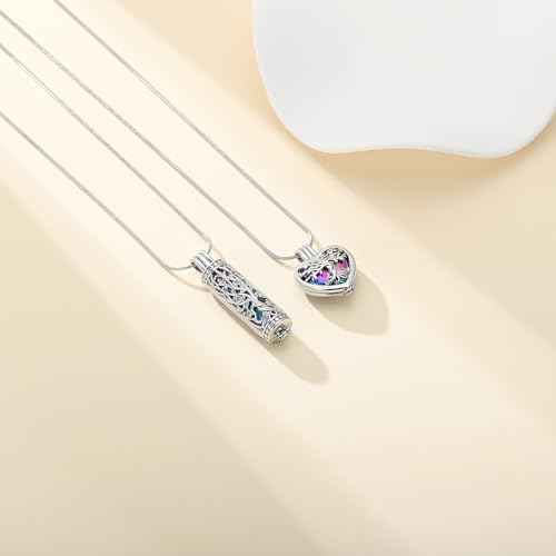 Tree of Life Cremation Jewelry for Men Women - 2 Pcs Cylinder & Heart Urn Necklaces for Ashes Stainless Steel Memorial Keepsake Pendant for Human Pet Ashes Rainbow