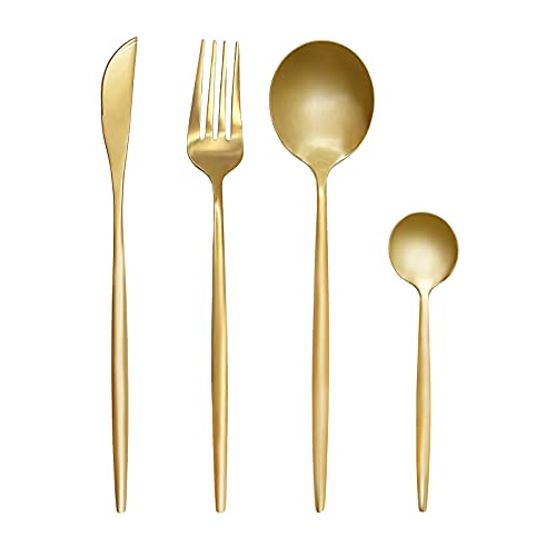 24-piece stainless steel flatware set with gold finish, includes knives, forks, and spoons for six people.