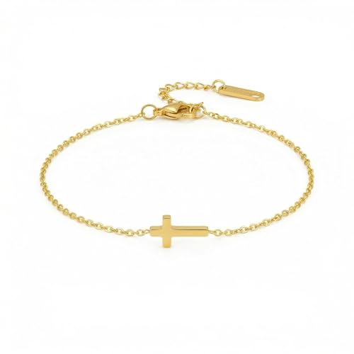 18K Gold Plated Pearl Beaded Cross Bracelets for Women Adjustable Tiny Cross-Gold