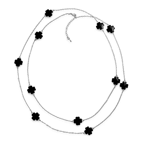 Bling Jewelry White Pink Aqua Blue Black Enamel Flower Long Silver Or Gold Plated Pearlized Enamel Station Chain Wrap Layer Clover Necklace For Women 40 Inch