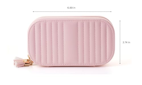 Summer Gift Pink Elegant Oval Jewelry Travel Case | Zip-Closure Jewelry Box with Mirror, Slots for Pendants, Bracelets, Rings & Earrings, Complimentary Dust Bag