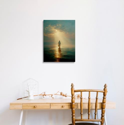 Christian Wall Art 12x16 Framed Canvas Jesus Prints Walking On Water Jesus On Water 16"L x 12"W