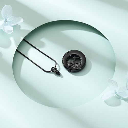 Circle of Life Urn Necklace for Ashes Tree of Life Cremation Jewellery for Women Men Stainless Steel Memorial Pendant for Human Pets Keepsake Ash Jewelry Bereavement Gifts with Fill tool Black