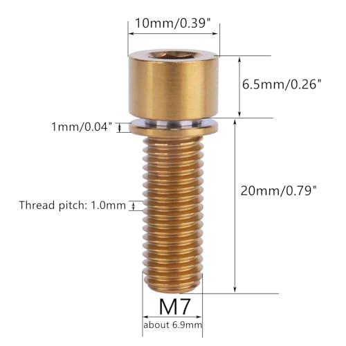 UHDFBDHF gold titanium bicycle stem bolts, M7x20mm hex Allen head with washers, pack of 6