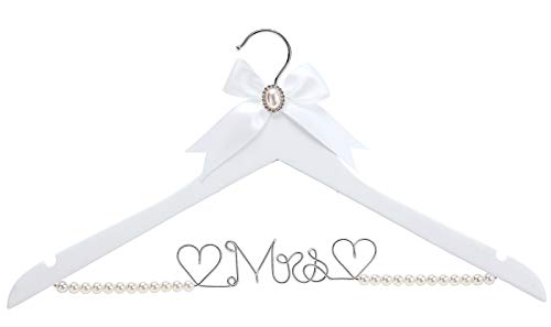 White Solid Wood Bridal Dress Hanger with Lady Wire Lettering for Bridal Wedding Party Gift (Pearl Silver Thread and White Hanger)
