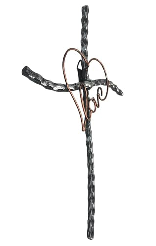 Top Brass Decorative Love/Heart Metal Wall Cross – Welded Wrought Iron with Rustic Copper and Silver Finish – Spiritual Art Sculpture – Weddings, Anniversaries, Valentines, I Love You Gift