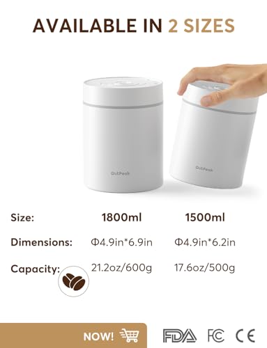 OUTPEAK Neo Latest Kilo Auto Vacuum Coffee Canister, 1.5L Capacity for 17.6oz of Coffee Beans, One-Button Operation, Stainless Steel Coffee Storage Container with Scoop (Barista Champion's Choice) 1.5L-Stainless Steel-Pearl White